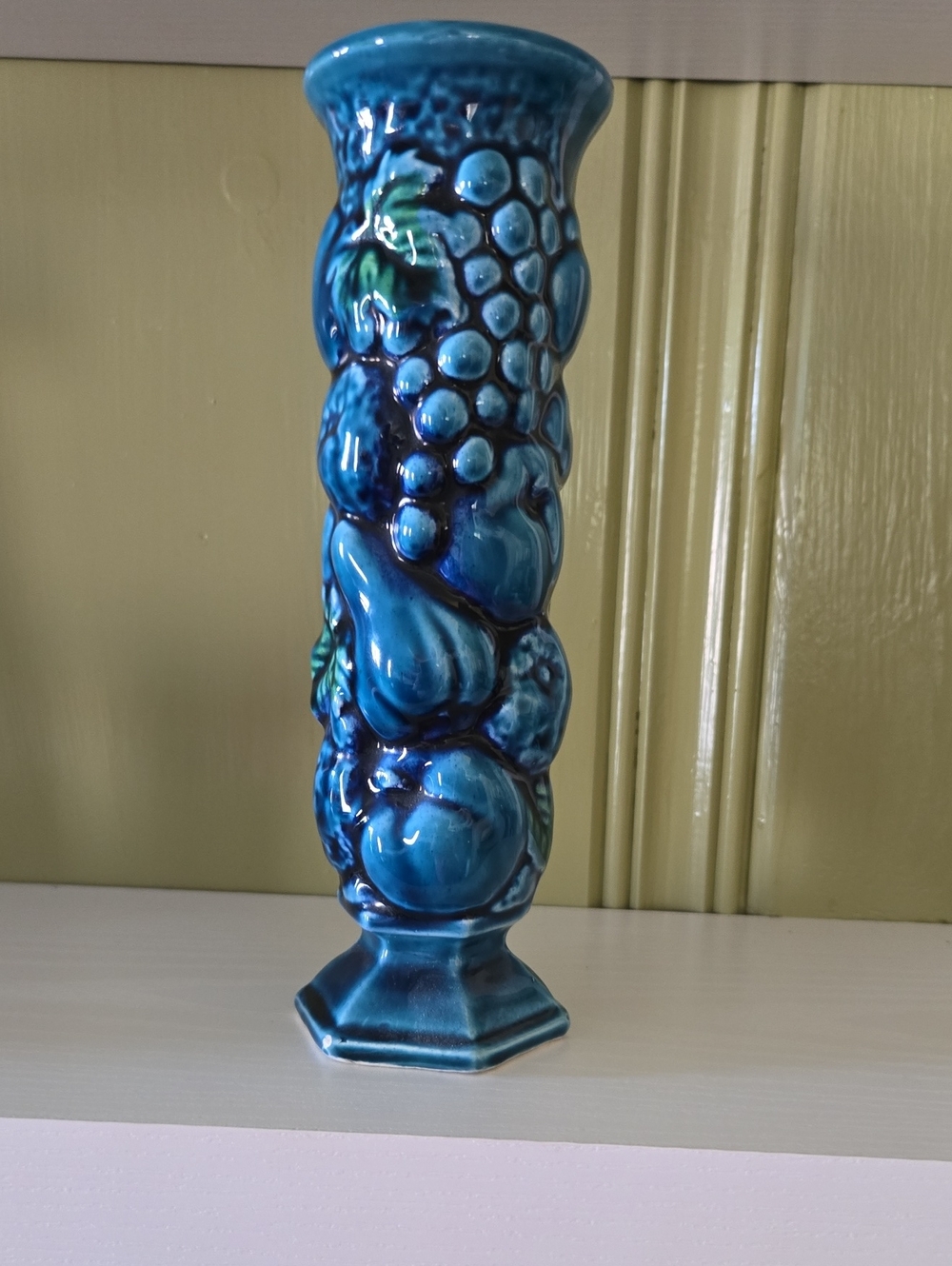 Vintage Inarco Blue Ceramic Vase with Embossed Fruit And Florals